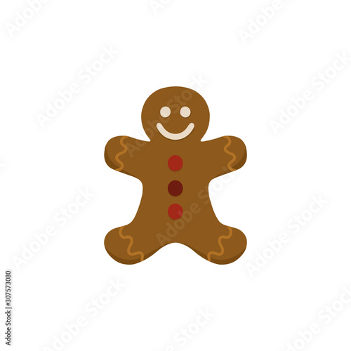 Holiday gingerbread man cookie. Cookie in shape of man with with colored buttons. New year or Chritmas decoration. Illustration in flat style.