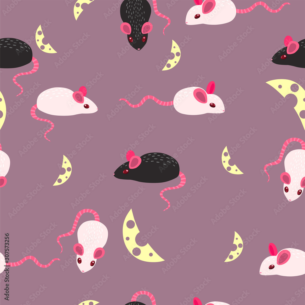Seamless pattern with mice and cheese. Vector graphics.