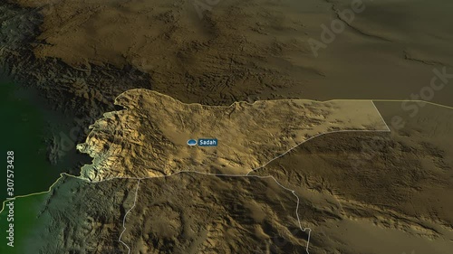 Sadah - governorate of Yemen with its capital zoomed on the physical map of the globe. Animation 3D photo