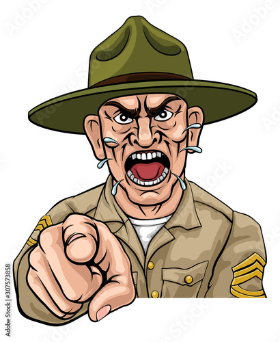 An angry army bootcamp drill sergeant soldier pointing at the viewer and shouting cartoon