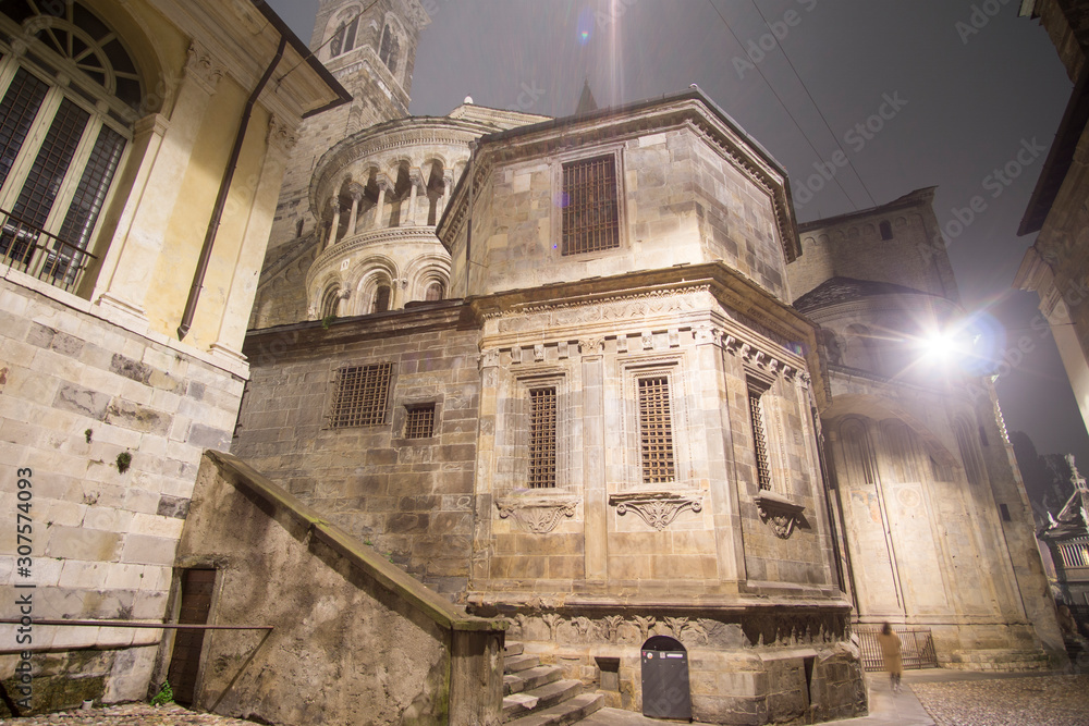 BERGAMO ITALY:  Upper city of Bergamo by night is a city in the alpine Lombardy region of northern Italy on November 22, 2019