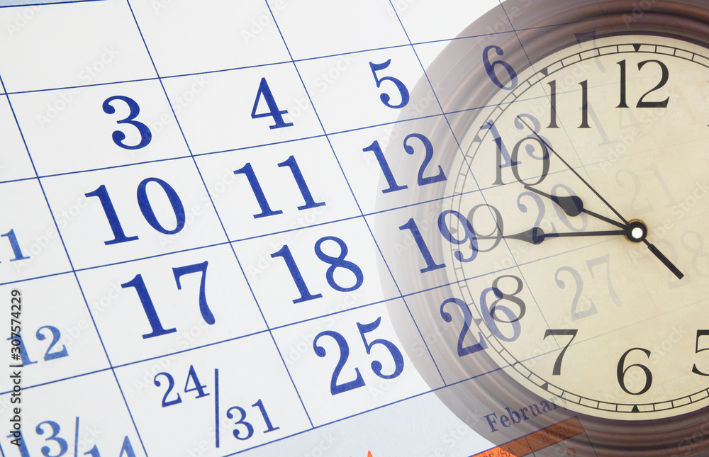 Collage with round clock and calendar page, time, planning and appointment concept Collage with round clock and calendar page, time, planning and appointment concept