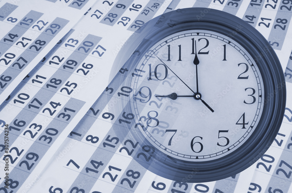 Collage with round clock and many calendar pages, time, planning and appointment concept Collage with round clock and many calendar pages, time, planning and appointment concept