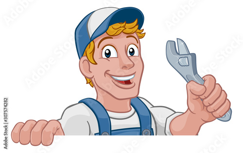 Mechanic plumber maintenance handyman cartoon mascot man holding a wrench or spanner. Peeking over a sign
