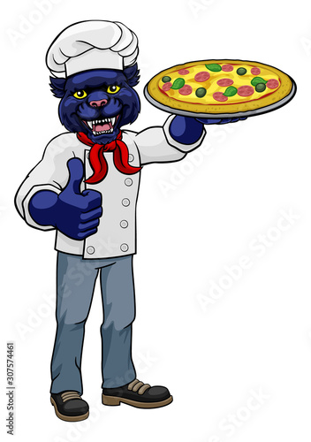 A panther chef mascot cartoon character holding a pizza and giving a thumbs up
