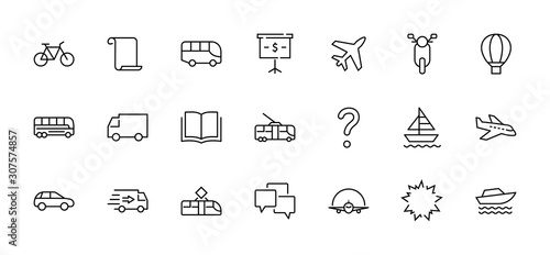 Set of Public Transport Related Vector Line Icons. Contains such Icons as Bus, Bike, Scooter, Car, balloon, Truck, Tram, Trolley, Sailboat, powerboat, Airplane and more. Editable Stroke. 32x32 Pixel