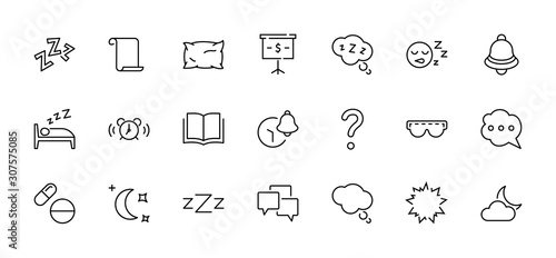 Sleep Vector Line Icons Set. Contains such Icons as Alarm Clock, Bed, Insomnia, Pillow, Sleeping Pills, Bell, Glasses for sleep, Bubble and more. Editable Stroke. 32x32 Pixel Perfect