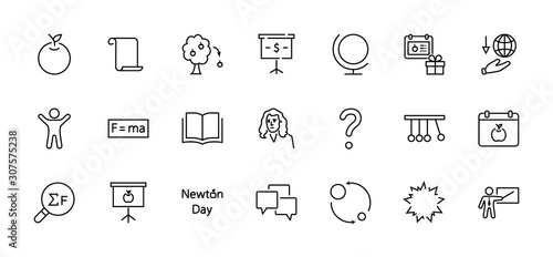 Newton's Day Set Line Vector Icon. Contains such Icons as Newton, Laws of physics and gravity, Flying Apple, Calendar, Teacher, blackboard and projector Editable Stroke. 32x32 Pixel Perfect