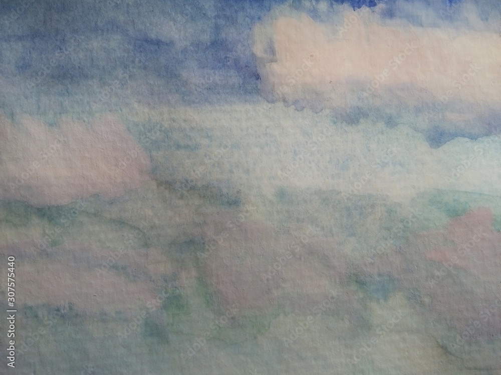 Fototapeta premium Abstract gradient blue and white sky with cloud background and copy space; Watercolor backdrop hand drawn painting on paper. - Illustration