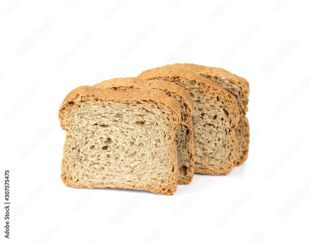 Slices of wholemeal bread isolated on a white background in close-up (high details)