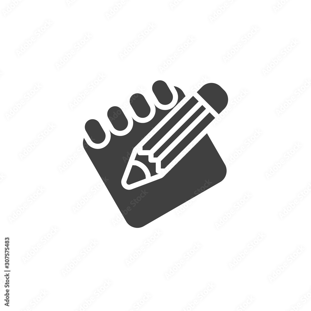 Note paper and pencil vector icon. filled flat sign for mobile concept and web design. Registration glyph icon. Edit document symbol, logo illustration. Vector graphics Note paper and pencil vector icon. filled flat sign for mobile concept and web design. Registration glyph icon. Edit document symbol, logo illustration. Vector graphics