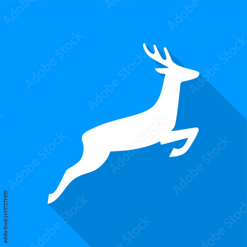 Flat white deer icon with a long shadow on a blue background.