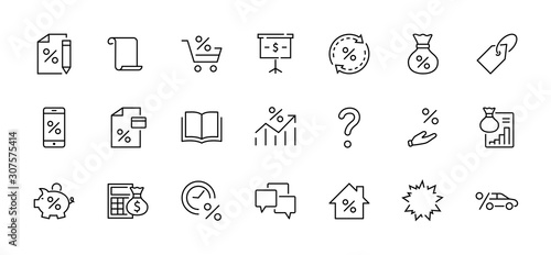 Set of Credit and Loan Related Vector Line Icons. Contains such Icons as Credit Card, Rate Calculator, Deposit and more. Editable Stroke. 320x320 Pixel Perfect