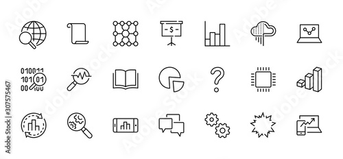 Set of Data Analysis Related Technology Vector Line Icons. Contains such Icons as Charts, Search, Graphs, Traffic Analysis, Big Data and more. Editable Stroke. 32x32 Pixel Perfect