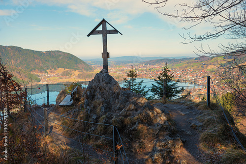 lookout point with wayside cross at ruin Hohenwaldeck, view to lake Schliersee, bavaria photo