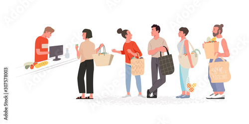 Collection of people carrying shopping eco bags with purchases  in shop. Zero waste. Men and women taking part in seasonal sale at store, shop, mall. Cartoon characters isolated on white background.