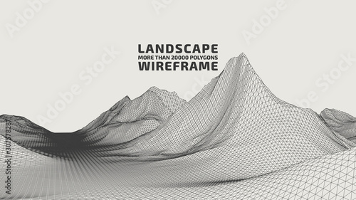 Abstract wireframe background. 3D grid technology illustration landscape. Digital Terrain Cyberspace in the Mountains with valleys. Data Array. Vector Illustration.