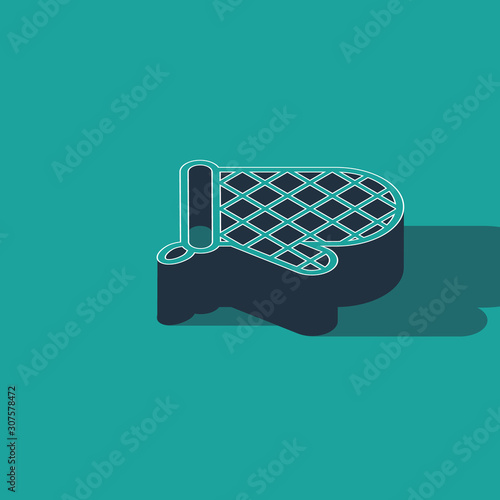 Isometric Oven glove icon isolated on green background. Kitchen potholder sign. Cooking glove. Vector Illustration