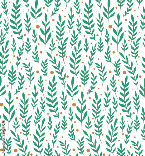 Branches, leaves and berries on a white background. Seamless flat pattern with natural simple floral ornaments. Natural tapestry wallpaper. Vector texture for fabric, pattern and your creativity.