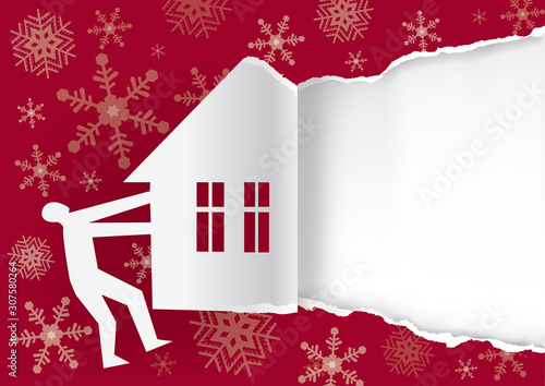 Winter invitation concept, red torn paper background template. Male silhouette ripped blue paper with snowflakes with house silhouette. Vector available.