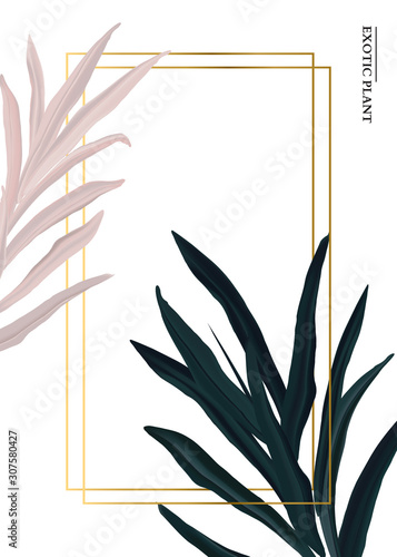 Palm pink and green in pastel colors, soft foliage leaves hand drawn doodle graphics background, nature wedding botanical decoration. Tender 3d realistic design with gold luxury elemets