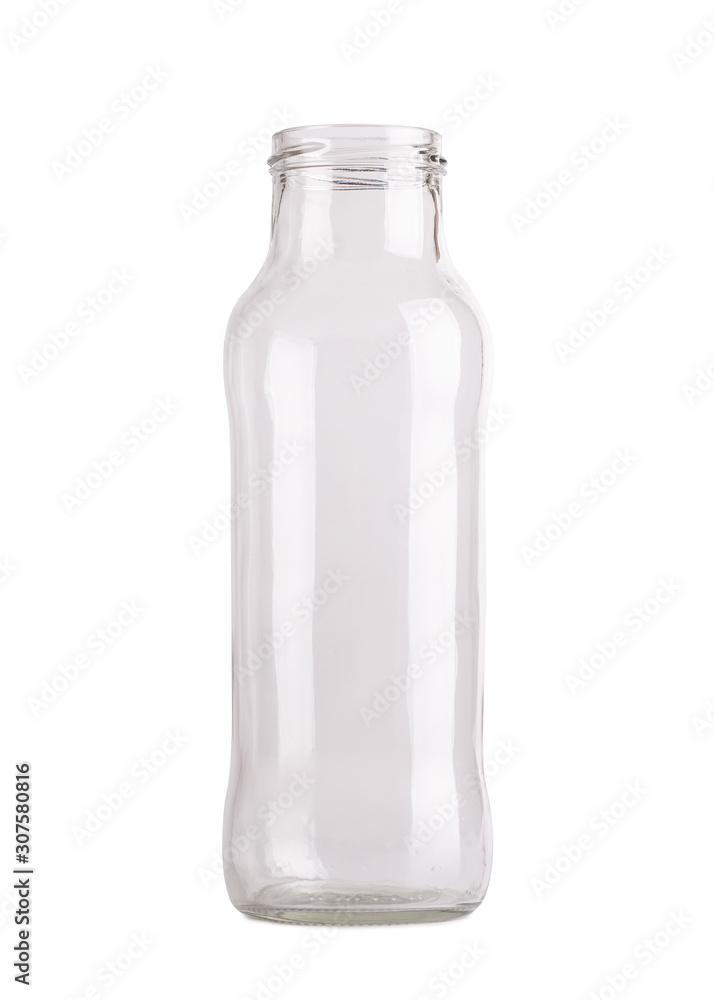 Wide-necked glass bottle close-up. Glass bottle isolate on a white background. Wide-necked glass bottle close-up. Glass bottle isolate on a white background.