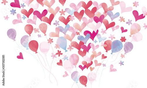水彩風　ハート・小花・バルーンのフワフワ Watercolor Balloon Series:Fluffy Hearts, Small flowers, And Balloons
