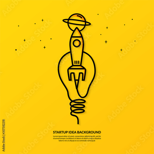 Rocket launching with light bulb on yellow background, flat start up idea concept