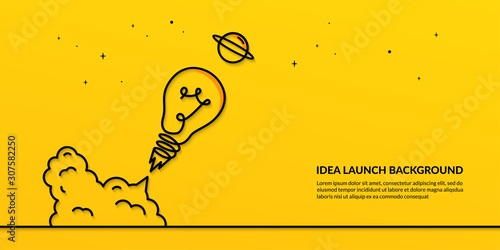 Light bulb launching to space on yellow background, flat start up idea concept