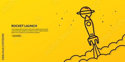 Rocket launching to space on yellow background, business start up concept