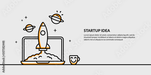 Rocket launching from notebook to space on clean background, business start up concept