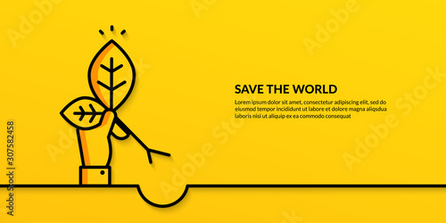 Save the world concept with hand hold plant, flat nature ecology on yellow background