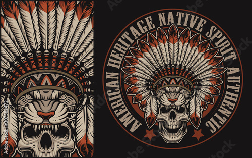 Colour illustration with a skull in indian headdress