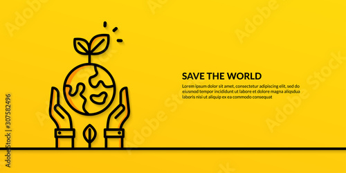 Save the world concept with hands hold earth, flat nature ecology on yellow background