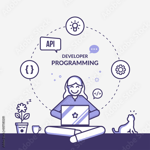Outline software development illustration, Programmer coding concept