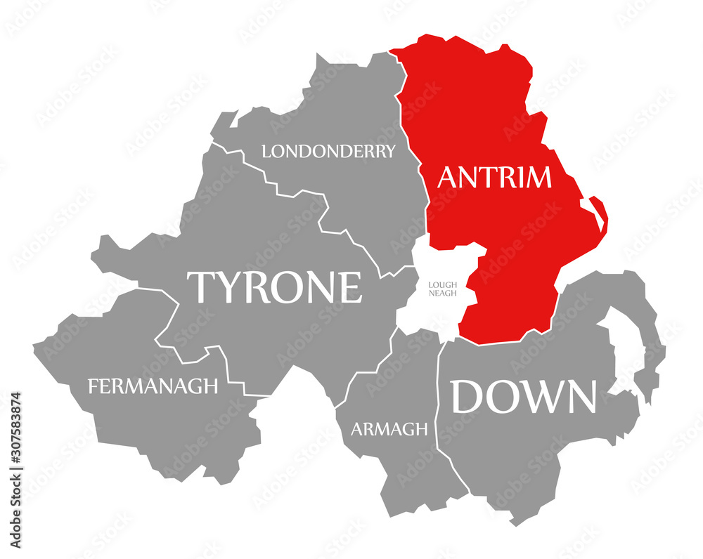Fototapeta premium Antrim red highlighted in map of Northern Ireland