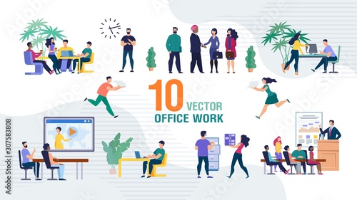 Business Team Office Work Trendy Flat Vector Isolated Scenes Set. Business Company Employees, Office Workers Sitting on Meeting or Seminar, Working Together, Boss Greeting Foreign Partner Illustration © TeraVector