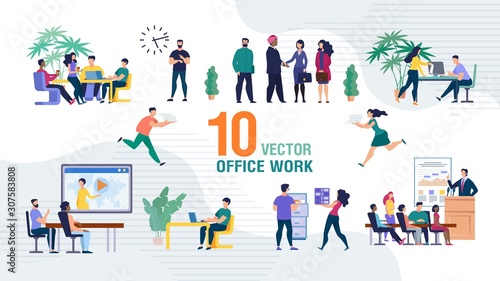 Business Team Office Work Trendy Flat Vector Isolated Scenes Set. Business Company Employees, Office Workers Sitting on Meeting or Seminar, Working Together, Boss Greeting Foreign Partner Illustration