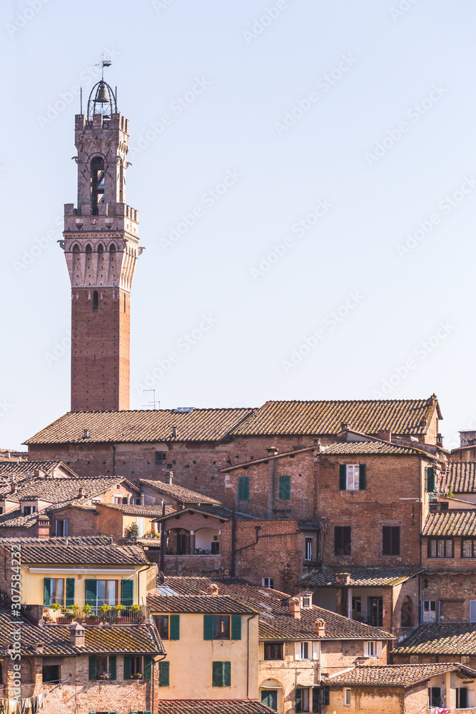 Siena Italy, view of the Duomo and surrounding buildings on the skyline of the city of Siena in Tuscany, Italy.