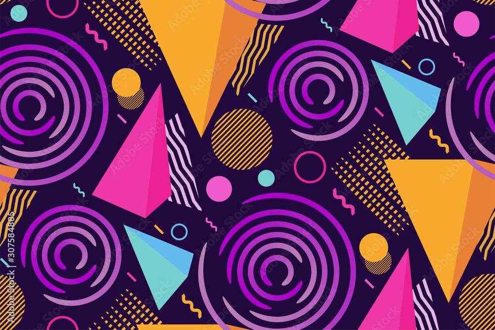 Seamless geometric pattern. Various shapes on a dark purple background