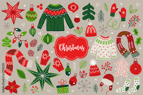 Vector Christmas elements - sweater, ball, garland, star, socks, hat, scarf