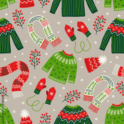 Christmas seamless pattern with sweater, berries, scarfs, woolen hats, mittens