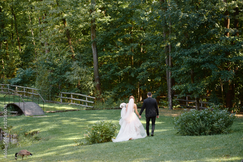 Full length body portrait of young bride and groom walking in park, back view. Happy wedding couple, copy space Full length body portrait of young bride and groom walking in park, back view. Happy wedding couple, copy space