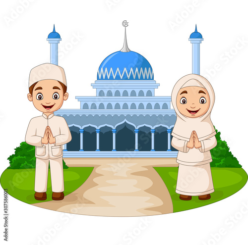 Happy cartoon Muslim kids in front of mosque
