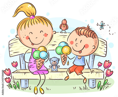 Kids eating ice-cream sitting on a bench in the park