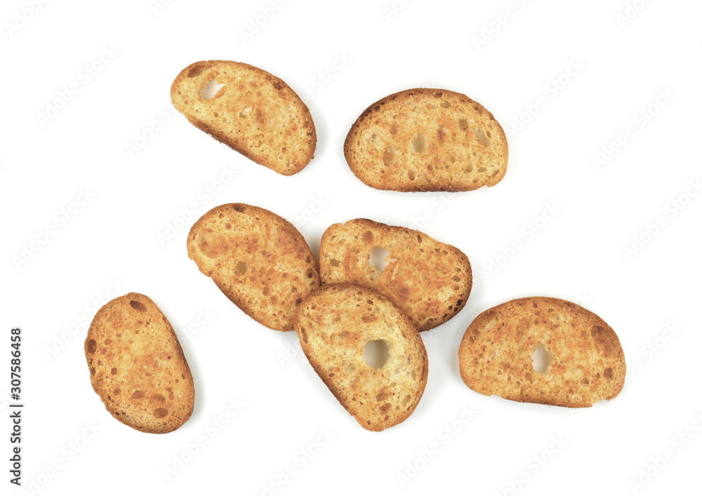 Sliced bruschetta on white background. Crusty bread bruschetta. Sliced bruschetta on white background. Crusty bread bruschetta.