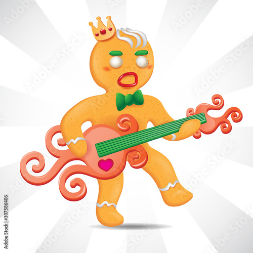 The gingerbread man Christmas gingerbread character playing the guitar, isolated on white background. Vector illustration.