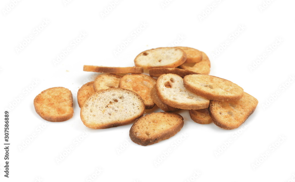 Sliced bruschetta on white background. Crusty bread bruschetta. Sliced bruschetta on white background. Crusty bread bruschetta.