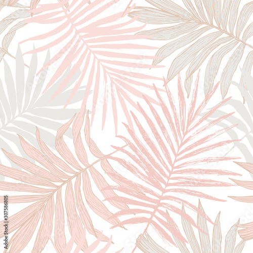 Luxurious botanical tropical leaf background in pastel blush pink colors.