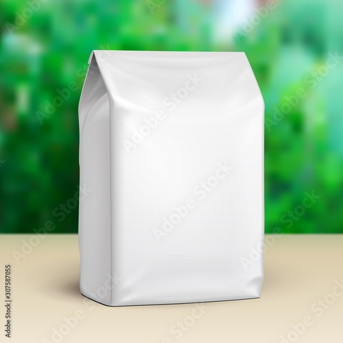Mockup Blank Stand Up Pouch Snack Sachet Bag. Mock Up, Template. Green Summer Garden Background. Ready For Your Design. Product Packaging. Vector EPS10